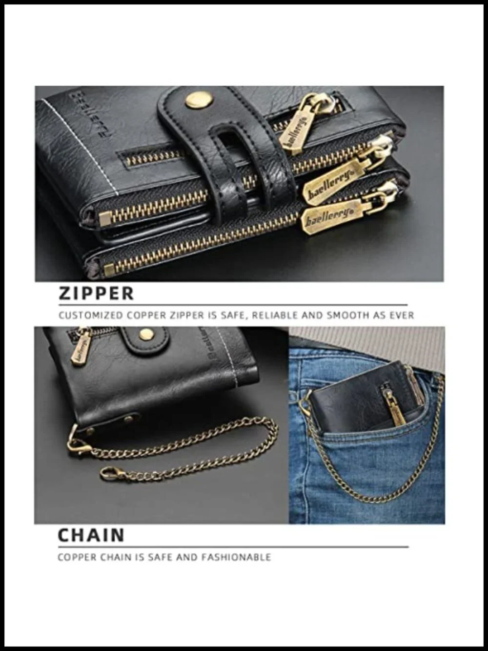 Men's Genuine Leather Bifold Wallet with Chain RFID Blocking